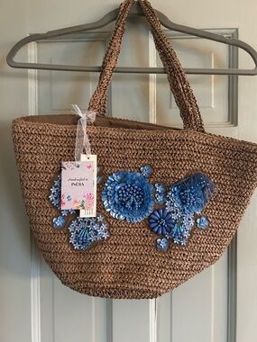 NWT Brown Floral Viral Beaded Handcrafted Made India Woven Tote Shoulder Handbag